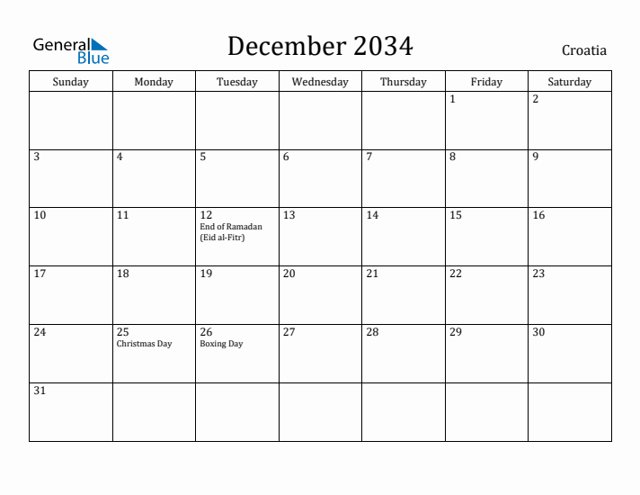 December 2034 Calendar Croatia