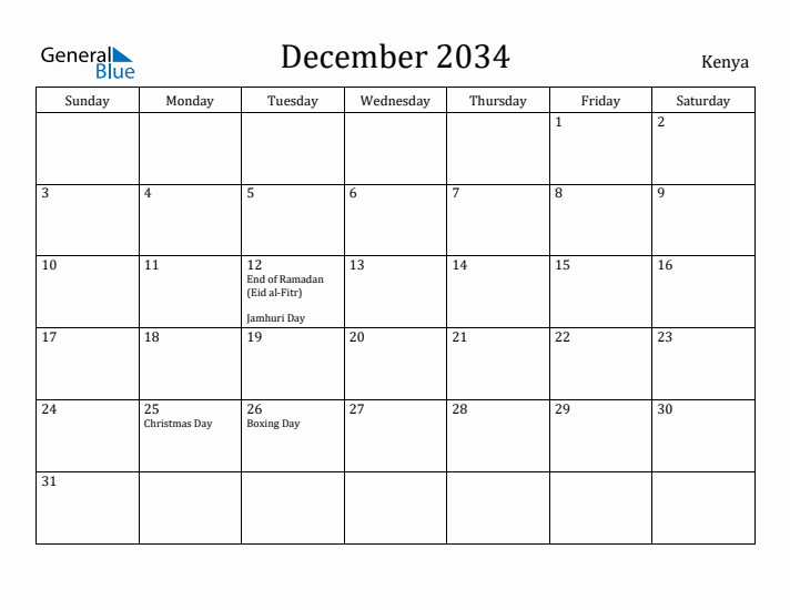 December 2034 Calendar Kenya