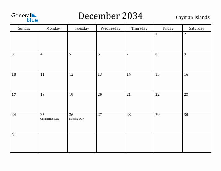 December 2034 Calendar Cayman Islands