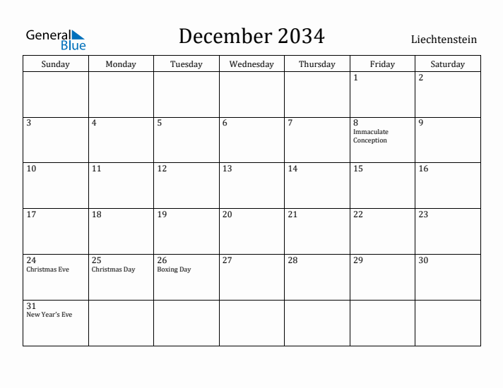 December 2034 Calendar Liechtenstein