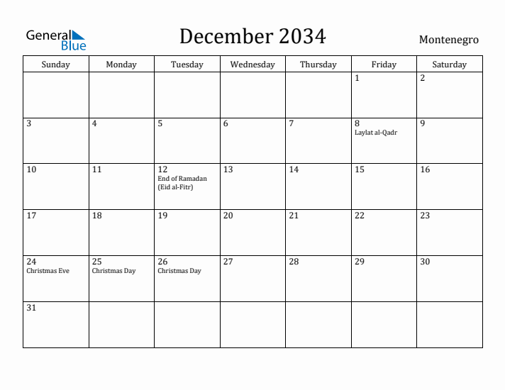 December 2034 Calendar Montenegro
