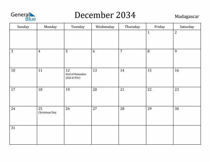 December 2034 Calendar Madagascar