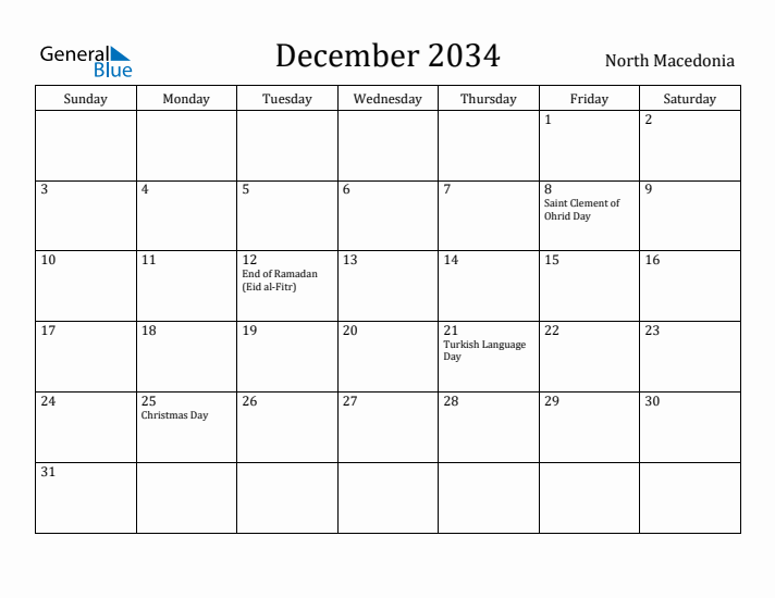 December 2034 Calendar North Macedonia