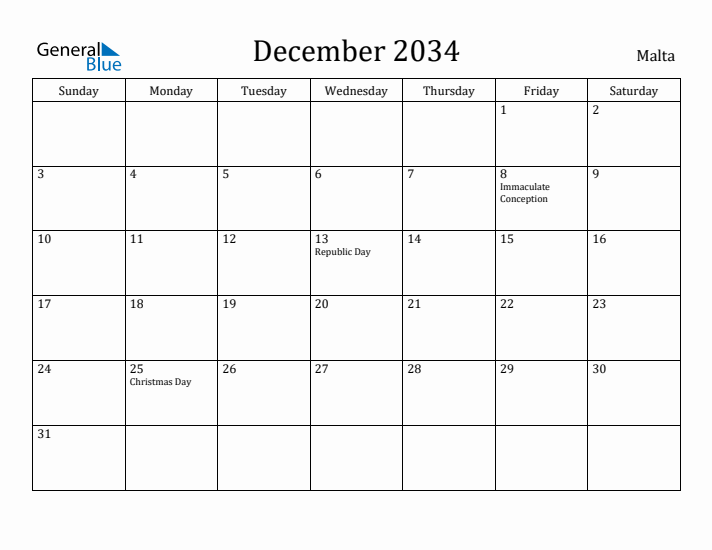 December 2034 Calendar Malta
