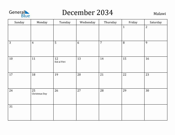 December 2034 Calendar Malawi