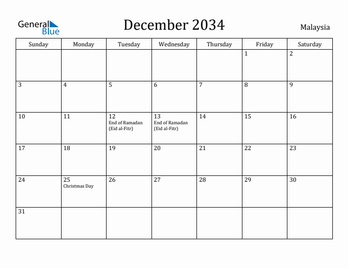 December 2034 Calendar Malaysia