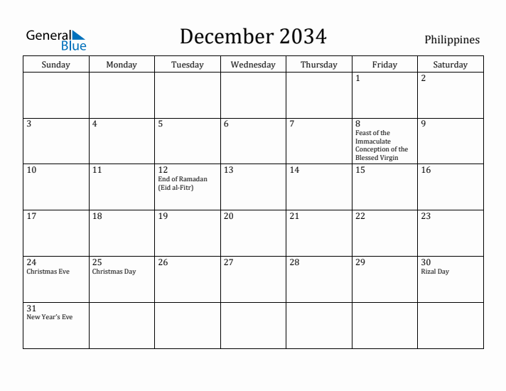December 2034 Calendar Philippines