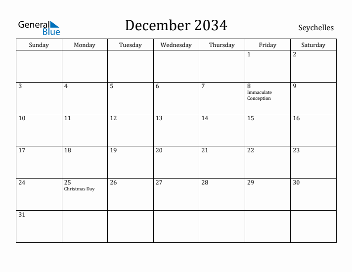 December 2034 Calendar Seychelles