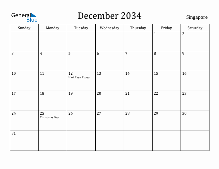 December 2034 Calendar Singapore