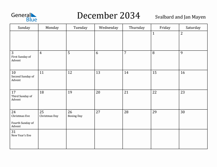 December 2034 Calendar Svalbard and Jan Mayen
