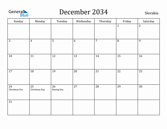 December 2034 Calendar Slovakia