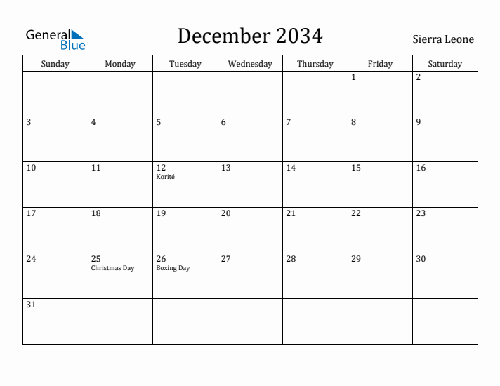 December 2034 Calendar Sierra Leone