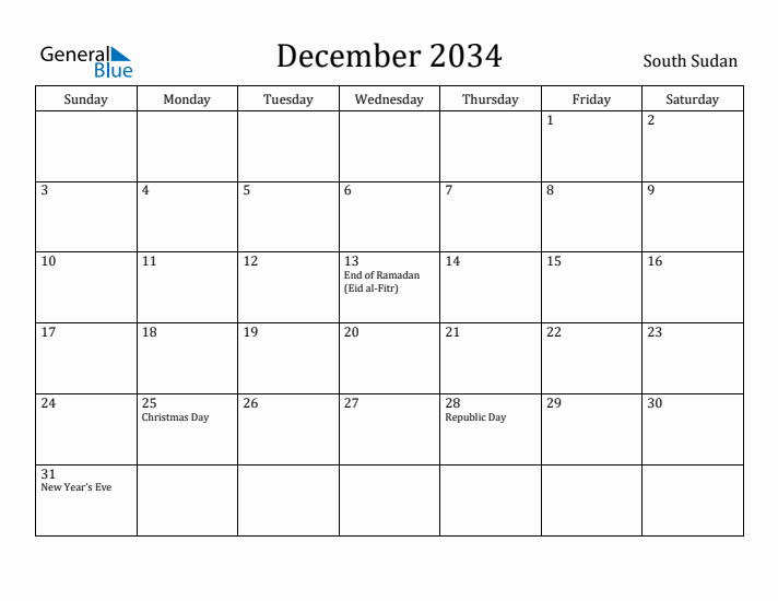 December 2034 Calendar South Sudan