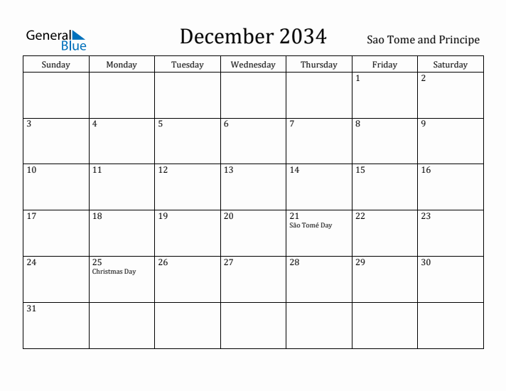 December 2034 Calendar Sao Tome and Principe