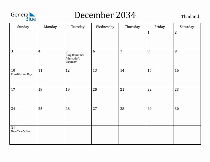 December 2034 Calendar Thailand