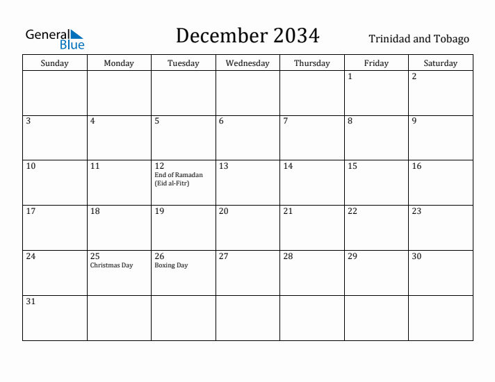 December 2034 Calendar Trinidad and Tobago