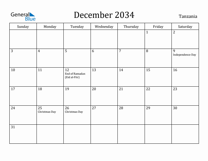 December 2034 Calendar Tanzania