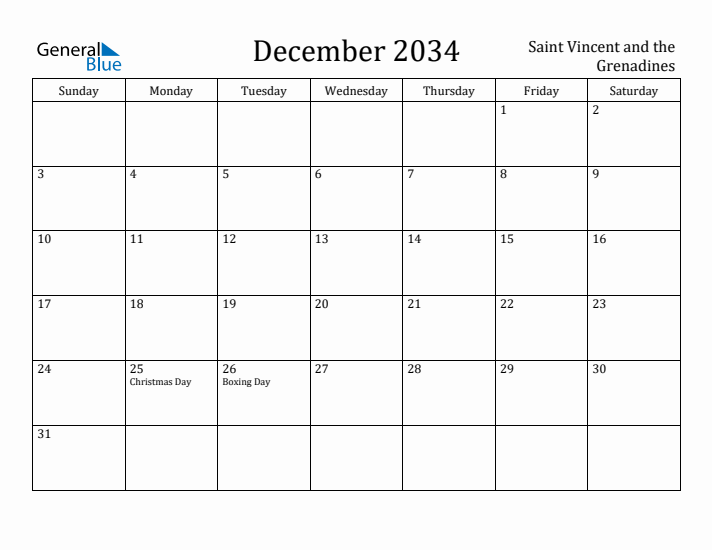 December 2034 Calendar Saint Vincent and the Grenadines