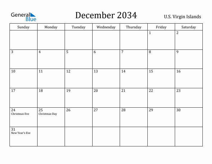 December 2034 Calendar U.S. Virgin Islands