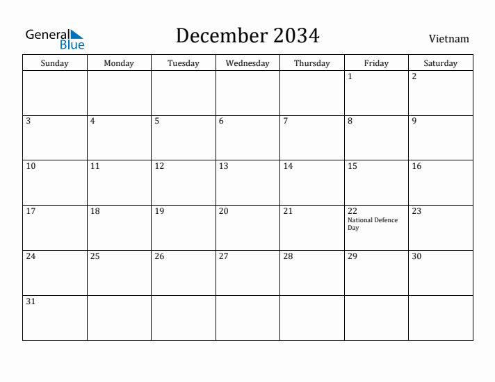 December 2034 Calendar Vietnam