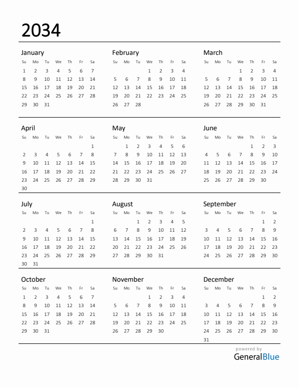 Printable Calendar for 2034