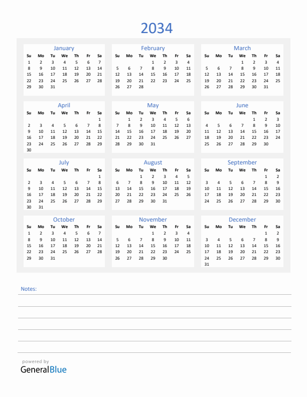 2034 Yearly Calendar Template with Notes Section (PDF Excel Word)