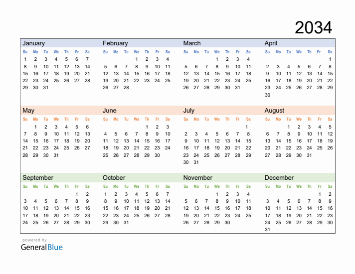 Free Downloadable 2034 Yearly Calendar Template