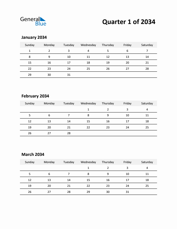 2034 Three-Month Calendar (Quarter 1)
