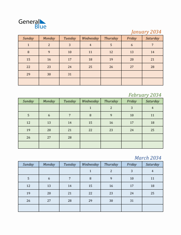 Three-Month Calendar for Year 2034 (January, February, and March)