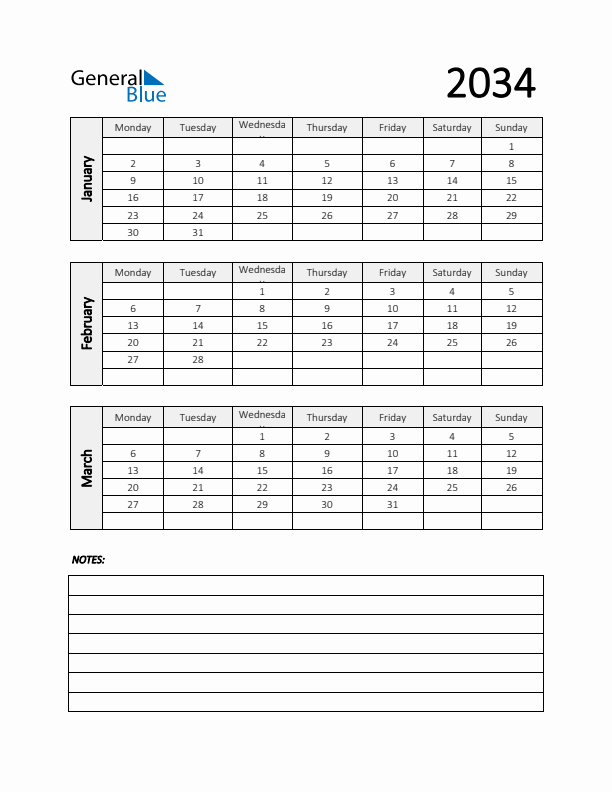 Q1 2034 Calendar with Notes
