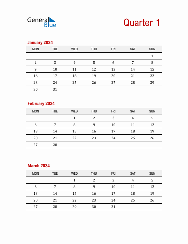 Three-Month Printable Calendar 2034