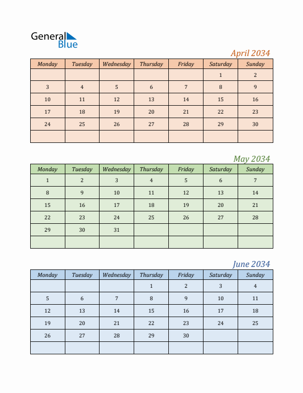 Three-Month Calendar for Year 2034 (April, May, and June)