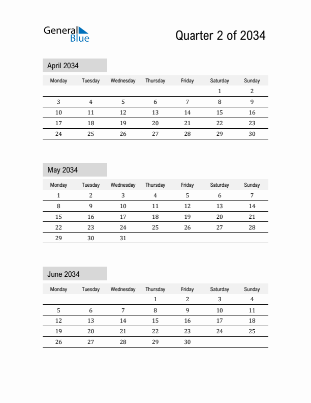 April, May, and June Calendar 2034