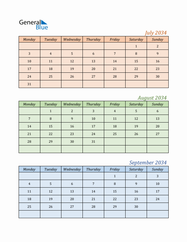 Three-Month Calendar for Year 2034 (July, August, and September)