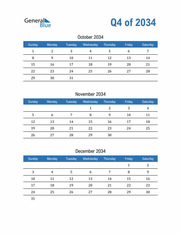 Fillable Quarterly Calendar for Q4 2034
