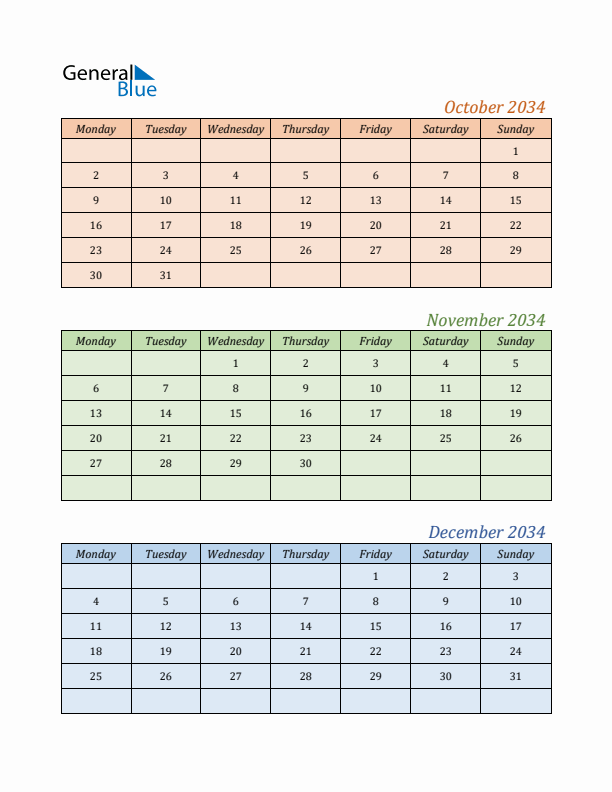 Three-Month Calendar for Year 2034 (October, November, and December)