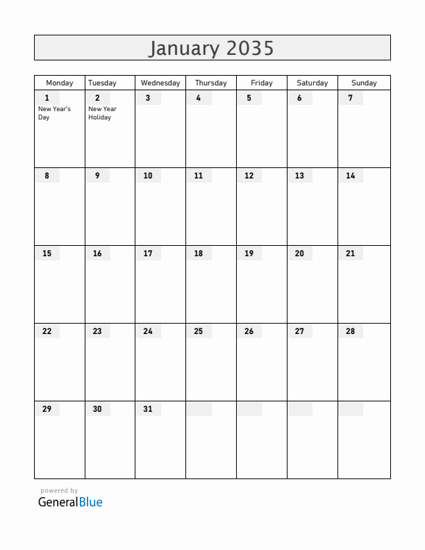 Albania January 2035 Calendar with Holidays