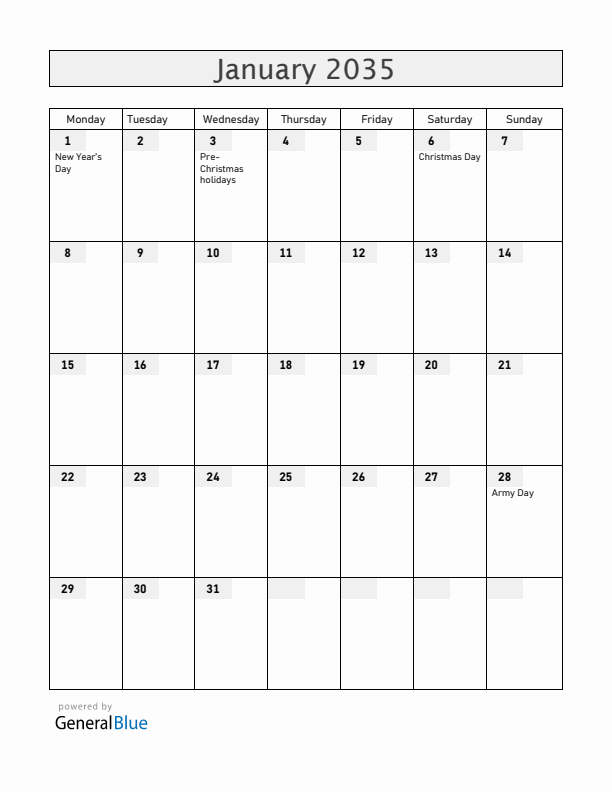 Armenia January 2035 Calendar with Holidays