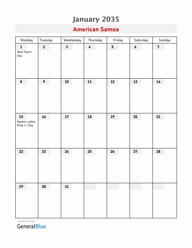 American Samoa January 2035 Calendar with Holidays