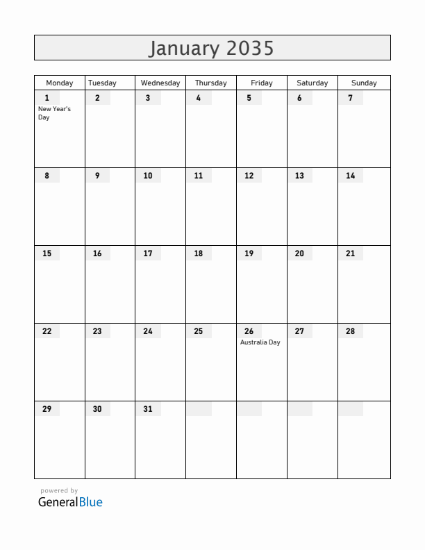 Australia January 2035 Calendar with Holidays
