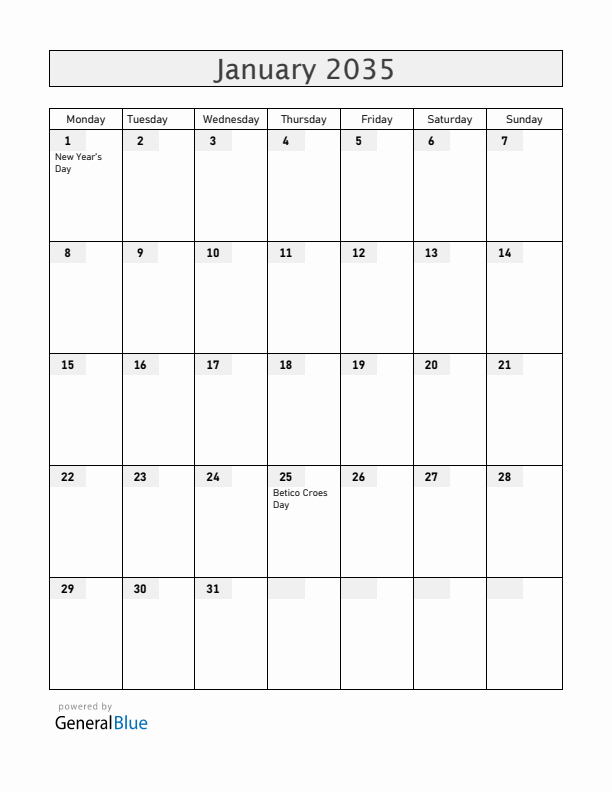 Aruba January 2035 Calendar with Holidays