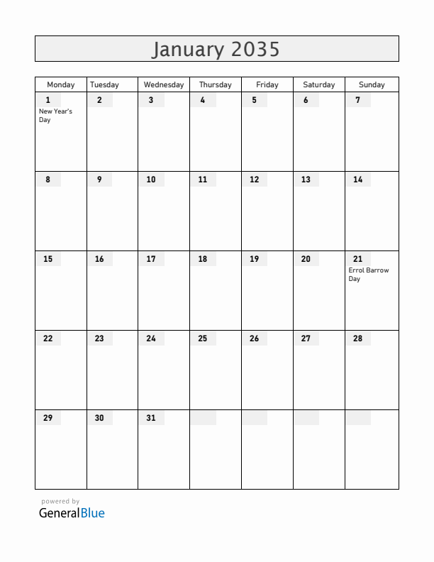 Barbados January 2035 Calendar with Holidays