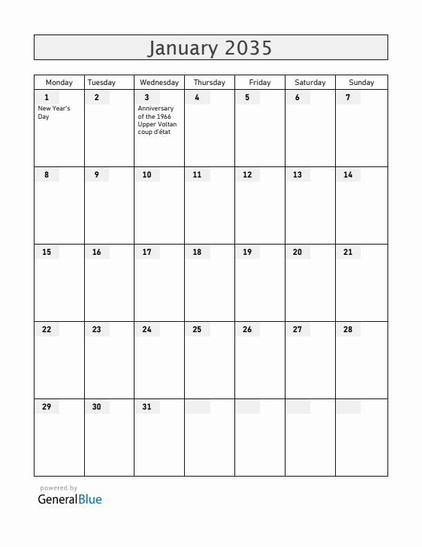 Burkina Faso January 2035 Calendar with Holidays