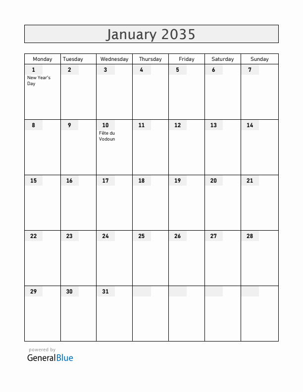 Benin January 2035 Calendar with Holidays
