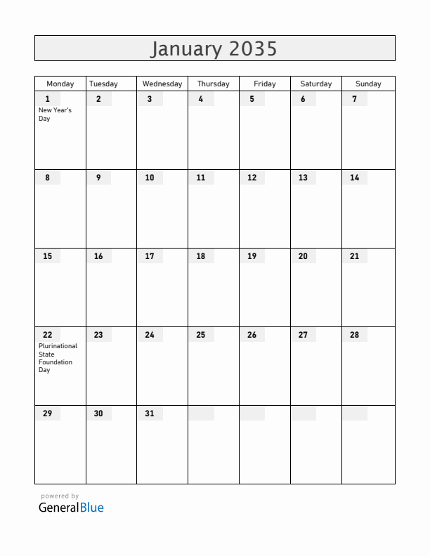 Bolivia January 2035 Calendar with Holidays