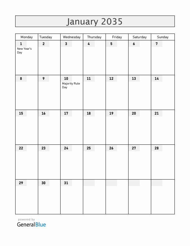 Bahamas January 2035 Calendar with Holidays