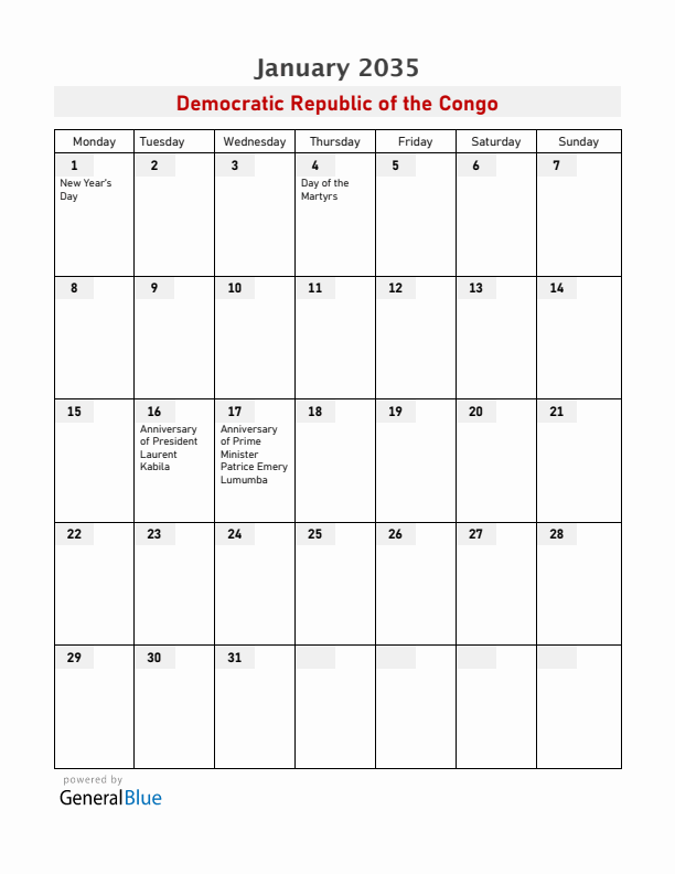 Democratic Republic of the Congo January 2035 Calendar with Holidays