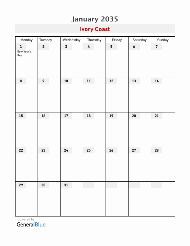 Ivory Coast January 2035 Calendar with Holidays
