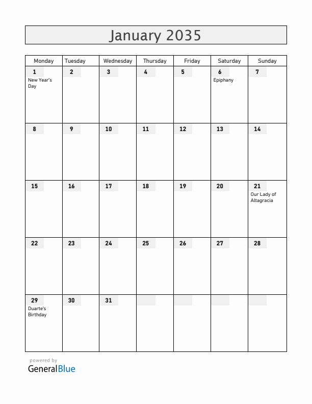 Dominican Republic January 2035 Calendar with Holidays