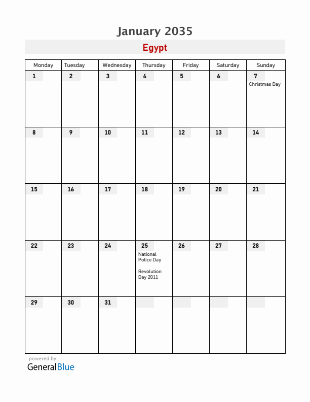 Egypt January 2035 Calendar with Holidays